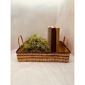 Vintage Rectangle Woven Bamboo And Wicker Handled Tray Casserole Carrier 9x14in
